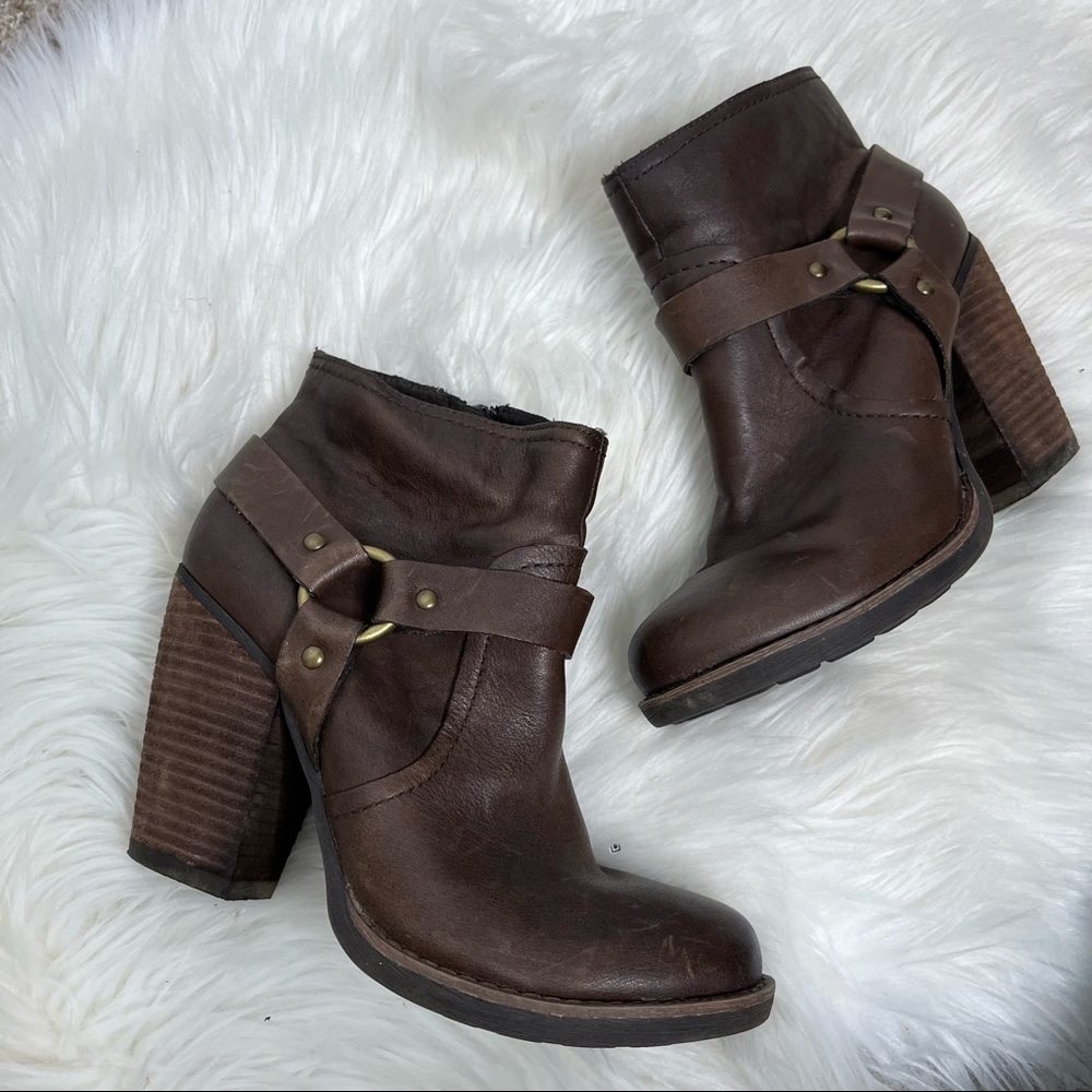 Korks Farah Brown Leather Harness Heel Ankle Boots Size 6.5